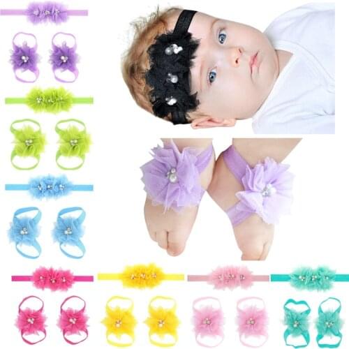 Yundfly 1 Set Newborn Baby Flower Headband Barefoot Sandal Sets Satin Lace Mesh Flower Kids Accessories For Photography Props