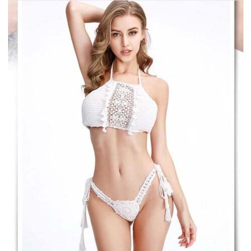 Free Shipping Hot Sale New Womens Sexy Bikini Suit White Cotton Knitted Hollow Swimsuit Fashion Handmade Beach Split Swimsuit