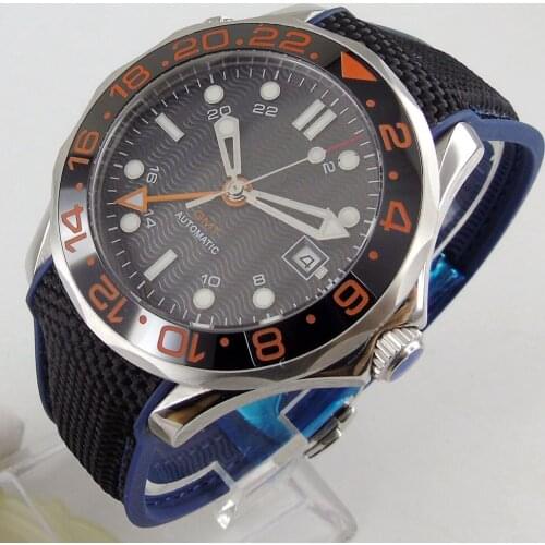 NEW 41mm Black Sterile Dial Self Winding Mens Watch Automatic GMT Movement Sapphire Glass Blue Rubber Strap Date Window