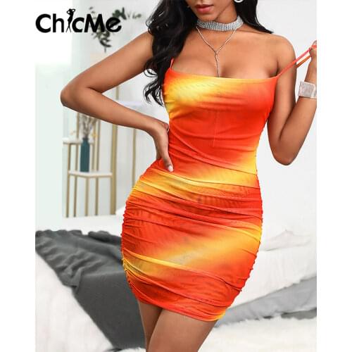 Chicme Sexy Women Mini Gradient Color Cutout Back Ruched Bodycon Dress Spaghetti Strap Tie Dye Low Cut Fashion Summer Chic Club