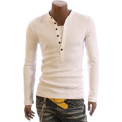 Fashion T-Shirt Men Cotton T Shirt Full Sleeve Tshirt Men Solid Color T-Shirts Tops&Tees Mandarin Collar Long Shirt Button 2021
