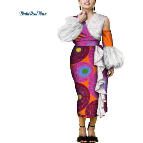 Ruffles Sleeve Draped Lace Long Dresses African Dresses for Women Bazin Riche Print Ankara Dresses African Clothing WY4009