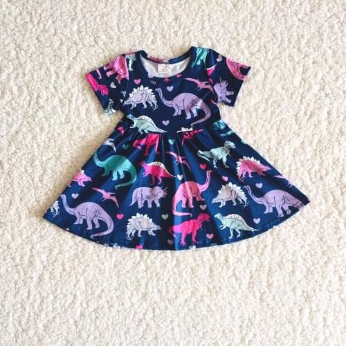 Girl Summer Short Sleeve Dresses Toddler Infants Cute Dinosaur Pattern Frocks Cartoon Design Stitching Twirl Skirt Suit