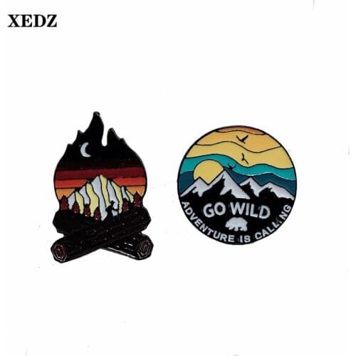 XEDZ Metal Enamel Pin Badge Dream Fire Sunset Snow Mountain Wilderness Letters Landscape Goose Lapel Brooch Backpack Jewelry
