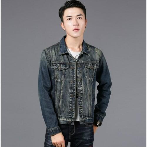 Mens Slim Denim Jacket Long Sleeve Trendy European and American Style Embroidered Denim Top Male Clothing