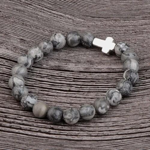 Natural Stone Bracelets Hematite Cross Stainless Steel Lava Map Stone Beaded Bracelets For Men Prayer Jewelry Gift