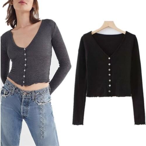 MRMT 2021 Brand New Womens Long-sleeved Shirt Thin Cardigan Big V-neck Tight T-shirt for Female Solid-colored Short Tops Tshirt