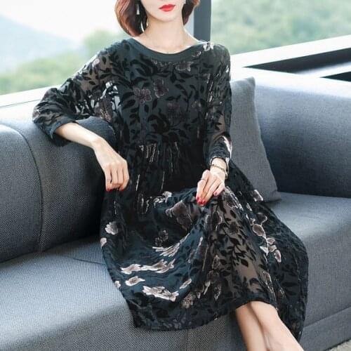 Fall Spring Fashion Womens Elegant High Waisted Black Velvet Floral Long Dress , Woman Loose Jacquard Flower Velour Dresses