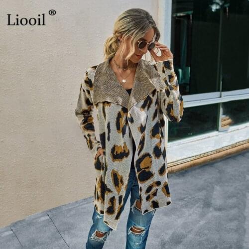 Liooil Casual Loose Knit Leopard Print Long Cardigan Women 2020 Long Sleeve Turn-down Collar With Pockets Print Womens Coats