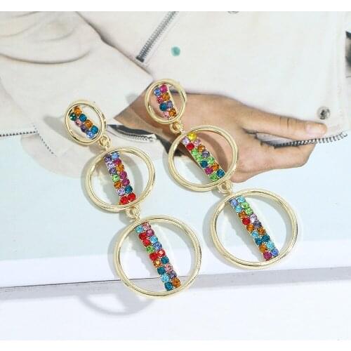 Dvacaman New Design Multi Layered Geometric Round Metal Long Drop Earrings for Women Luxury Rhinestone Hollow Statement Earrings