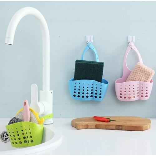 Sink Soap Rack Sponge Holder Hanging Drain Basket Kitchen Organizer Utensils Bag Adjustable Snap Bathroom Storage Shelf Plastic