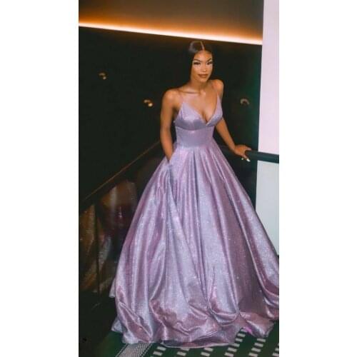 VKBRIDAL Long Purple V-Neck Prom Dresses with Pockets Glitter Homecoming Dresses Criss Cross Back Formal Party Gowns for Women