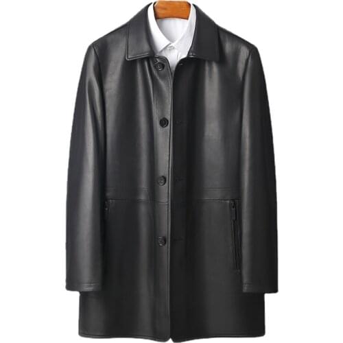 Genuine Cow Leather Clothes Fashion Mens Long Type Lapel Business Skin Casual Jacket Slim Coat