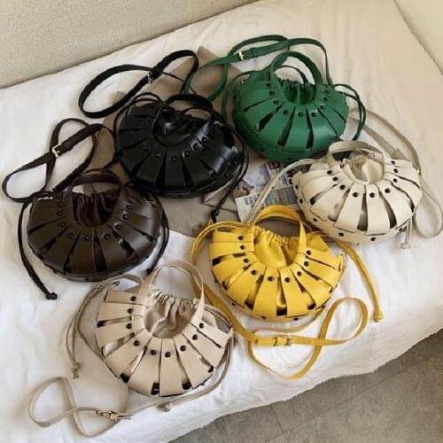 Women Ladies Stylish Hollow Out Crossbody Bag Vintage Fan-Shaped Solid Color Wild Elegant Bucket Shoulder Handbag for Shopping