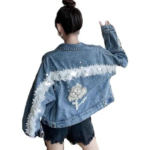 Womens Denim Jacket 2020 Autumn New Cool Frayed Holes Pearls Beading Diamonds Coat Jeans Outwear Female Loose Cowboy Streetwear