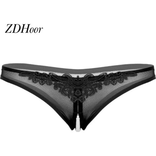 Ladies See Through Sheer Mesh Briefs Thongs Womens Hot Erotic Lingerie Low Rise Crotchless with Pearls G-string Briefs Underwear