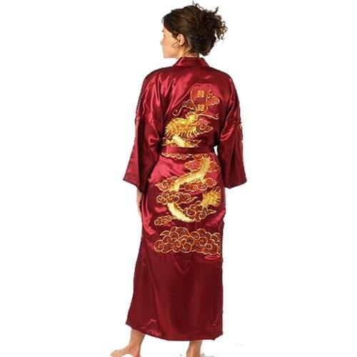 Burgundy Satin Embroidery Dragon Kimono Bathrobe Gown Womens Sexy Satin Robe Long Nightgown Sleepwear Size S M L XL XXL XXXL