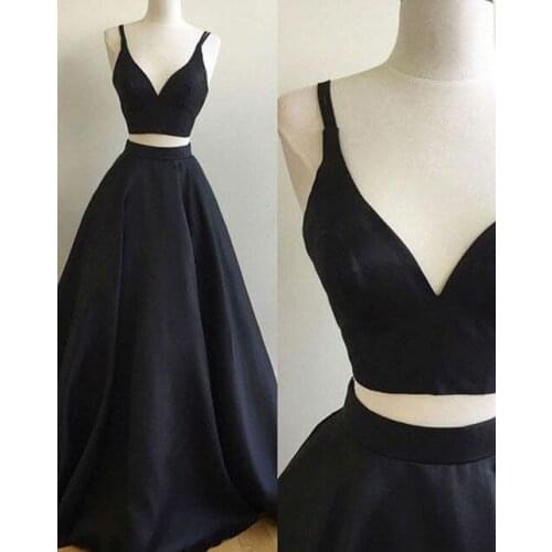 Sexy Long Two Pieces Style Satin Evening Dresses with Pockets Floor Length Zipper Black Abendkleid Robes de Soirée for Women