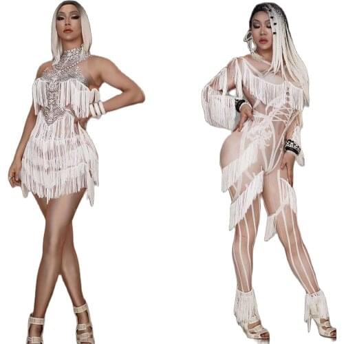 New Halter Backless Women Tight Stretch Dresses Spandex White Tassel Singer Dance Costume Evening Prom Birthday Jumpsuits
