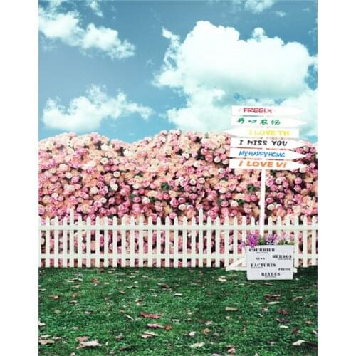 5x7ft Blue Sky Lawn Pink Flower Signs Photography Backdrops Photo Props Studio Background