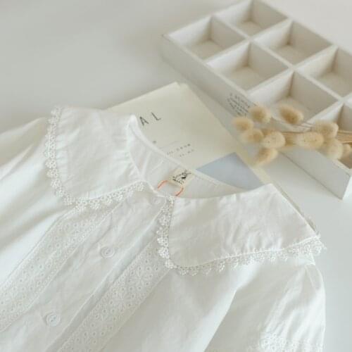 Lamtrip Lace Stitch Sweet Peter Pan Collar Cotton Lolita White Shirt Mori Girl Blouse 2021 Autumn