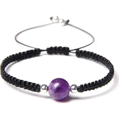 Natural Stone Amethysts Beads Bracelet 10mm Round Quartz Crystal Beaded Braided Bracelet for Women Girls Yoga Jewelry Adjustable