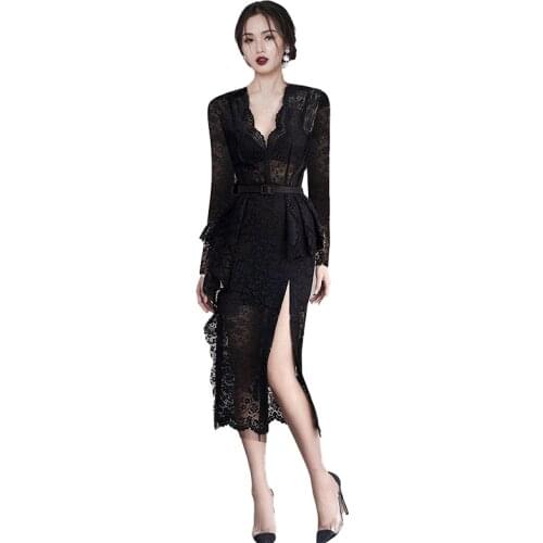 Elegant V-Neck High Waist Women Black Lace Dress Vintage Ruffles Sexy Split Summer Dress 2021 Female Dress Party Vestidos AA5686