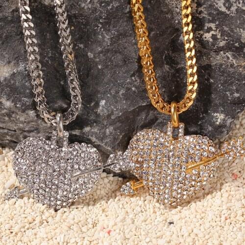 Hip Hop Bling Iced Out Rhinestones Gold Silver Color Stainless Steel Cupid Arrow Heart Pendant Necklace for Men Rapper Jewelry