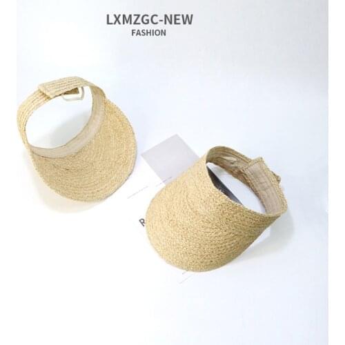 K1KC Ladies Summer Handmade Woven Raffia Straw Sun Visor Hat Empty Top Wide Brim UV Protection Adjustable Foldable Peaked Beach