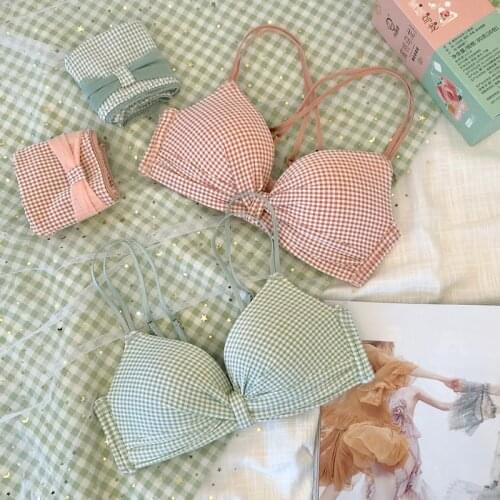 Rosheart Women Fashion Pink Green Padded Bra Sets Lovely Mesh Panties Wireless Underwear Sexy Lingerie Sets A B Japanese