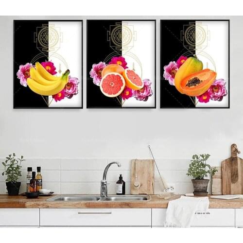 Kitchen art impression, tropical fruit banana grapefruit papaya 3 art murals, art murals, indelible art murals, decorative food