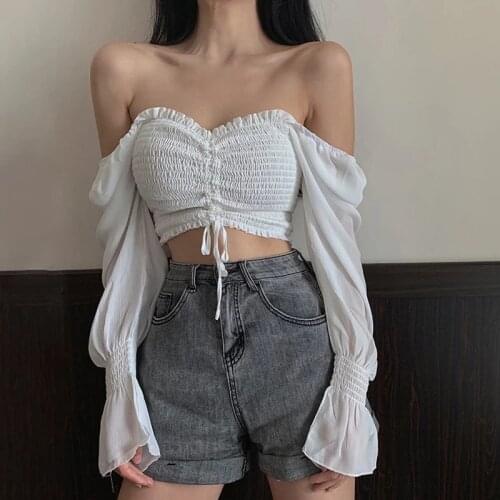 Summer Chiffon Blouse Sexy Off shoulder Top Lace up Cropped Ruffles Puff sleeve Tube Tops White Shirt Solid color 2021 Fashion