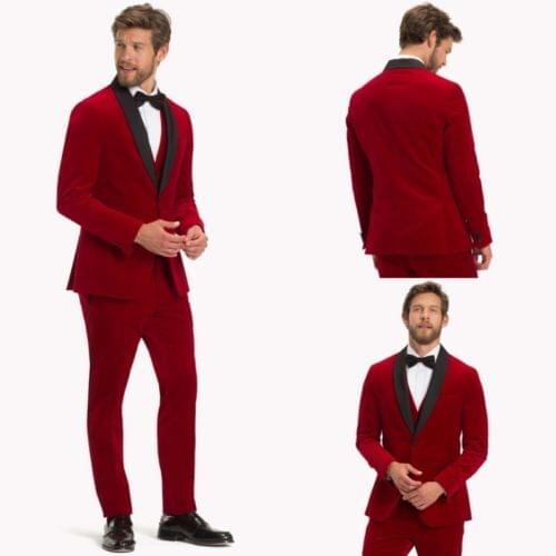 2021 New Red Velvet Party Mens Suits Custom Made Peak Lapels Groom Wedding Terno Masculino Slim Fit 3 Pcs(Jacket+Pants+Vest)