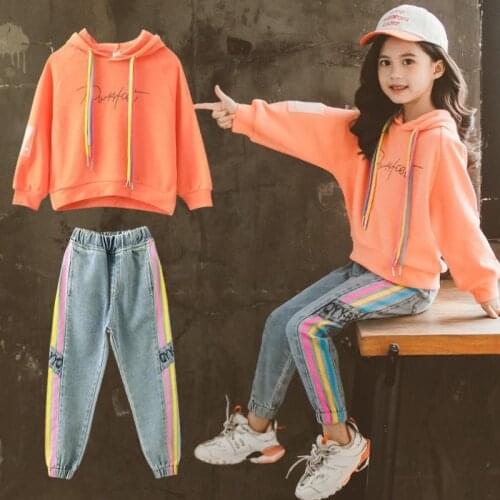 New Autumn Spring Girls Clothing Suits Pullover Kids Colored Cotton Sweatshirt Tracksuit Sport Suits Outwear Jean Pants