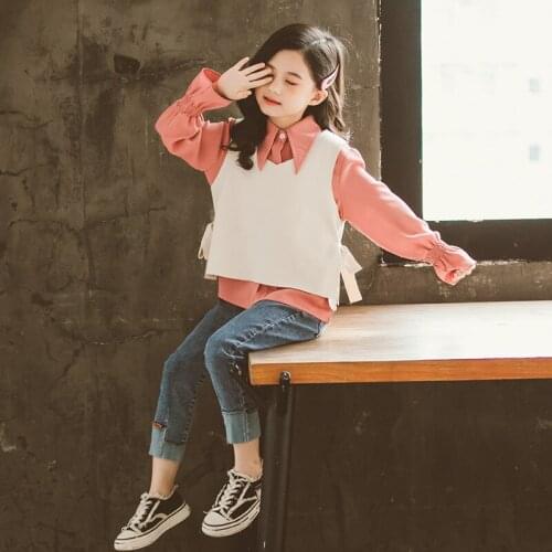 New Spring Autumn Winter Warm Children Girls Suit Sweater Jeans 3Pcs/Sets Red Clothing Kids Sport School High Quality