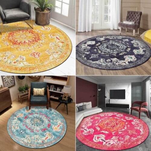 Retro Persian Ethnic Style Round Area Rugs Geometric Flowers Printed Carpet Bedroom Bedside Computer Chair Non-Slip Floor Mat