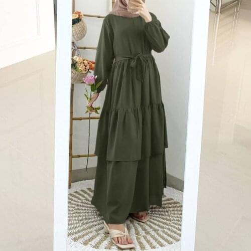 ZANZEA Women Puff Sleeve Dresses Fashion Ruffled Hem Robe Casual Maxi Sundress Loose Belted Kaftan Muslim Long Dress Retro Abaya