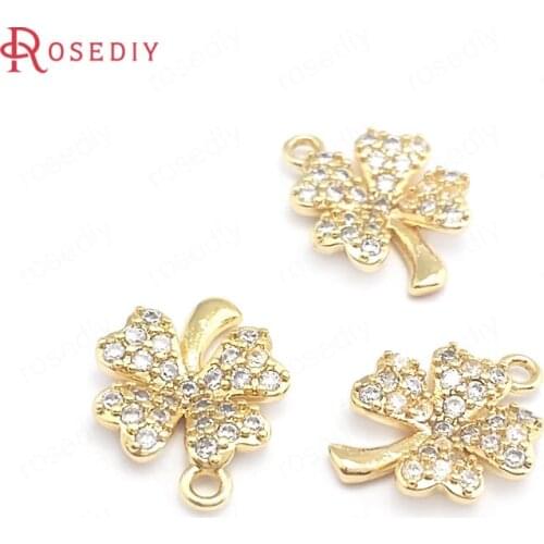 40347)2PCS 10.3x13.5MM 24K Gold Color Brass and Zircon Lucky Flower Charms Pendants Jewelry Making Supplies Diy Accessories