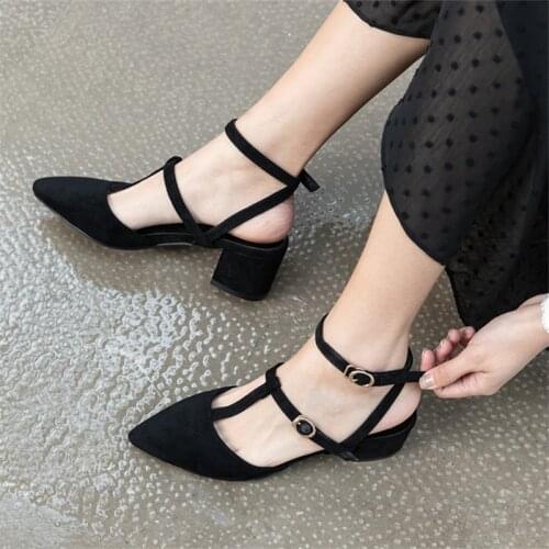 Latest shoes for women black shoe pumps high heels 2020 new suede pointed toe slip on thick heel office shoes big size 43