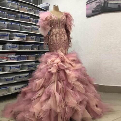 Dusty Pink Mermaid Prom Dresses Lace Appliques Beaded Sheer Long Sleeves Evening Gowns Ruched Tulle Robe De Soiree Sweep Train