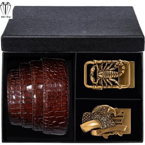 Luxury Boxed Mens Belts Set Red Burgundy Leather Strap with 2 Automatic Buckles Men Ratchet Waist Belt Casual for Dad Son Cowboy