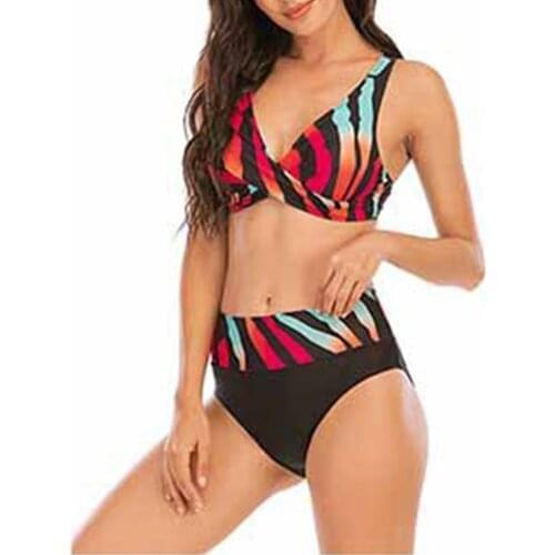 Sexy Bikini Set Stripe Printed Slevesless Bra High Waist Thong Summer Swimwear for Women 2021 New Sexy Split Female Biquini
