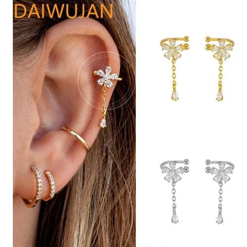 Exquisite 925 Sterling Silver Zircon Flower Clip on Earrings Drop Tassel No Pierced Earring Ear Cuff Female Adjustable Jewelry