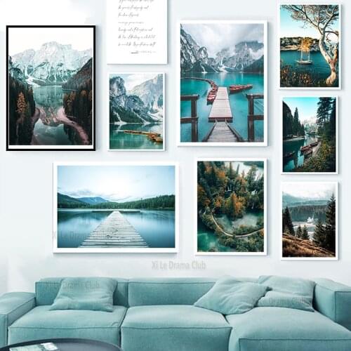 Scandinavian Landscape Canvas Painting Wall Art Forest Sky Lake Boat Snow Mountain Nordic Modern Home Interior Decoration Paints