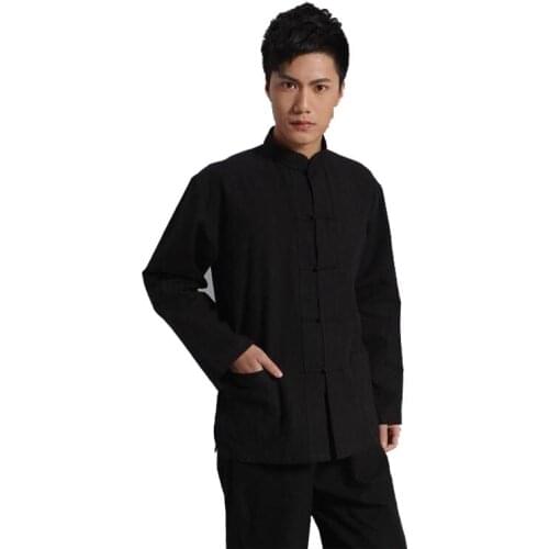 Long Sleeve 100%Cotton Traditional Chinese Clothes Tang Suit Top Kung Fu Tai Chi Uniform Spring Autumn Shirt Blouse Coat for Men