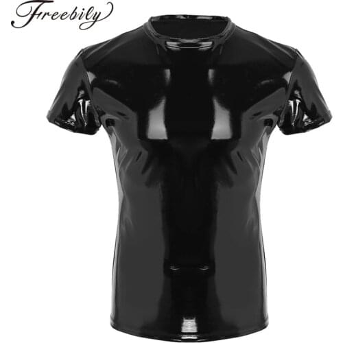 High Quality Sexy Mens Fun Faux Leather Black T-Shirt Tops Tees Men Wet Look Fetish Latex DS Nightclub Catsuit Exotic T Shirts