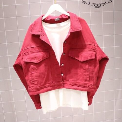 Women Red Denim Jacket Spring 2021 Harajuku Loose Big pocket Fashion Batwing sleeve Female Jeans Coats Casual Blue Short Outwear