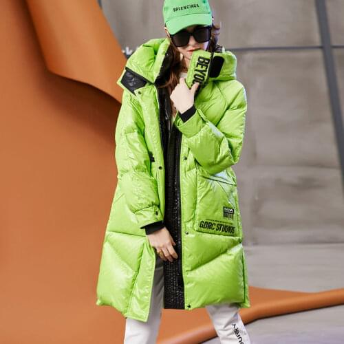 2021 New Womens Glossy Down Jacket Streetwear Winter Green Long White duck down Coat Windproof Hooded Outerwear Parkas Female