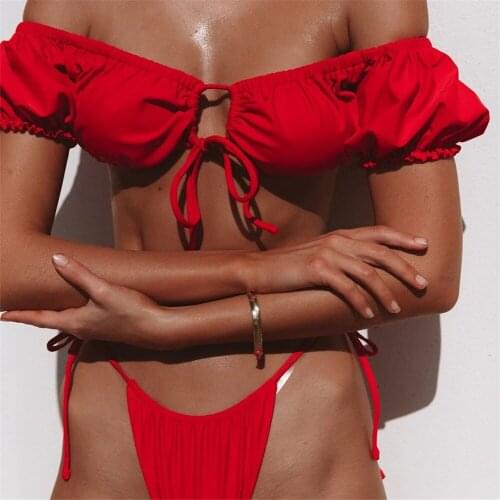 Ladies Fashion Sexy Bikini 2021 New Swimsuit Big Red One Shoulder Strap With Chest Pad Gathering Band Brazilian Beach Bikini