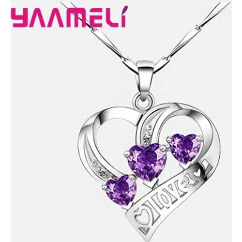 Two Color Necklace Pendant Lovely Shape With "Love" Three Crystal Heart Blue/Purple 925 Sterling Silver Jewelry For Wome